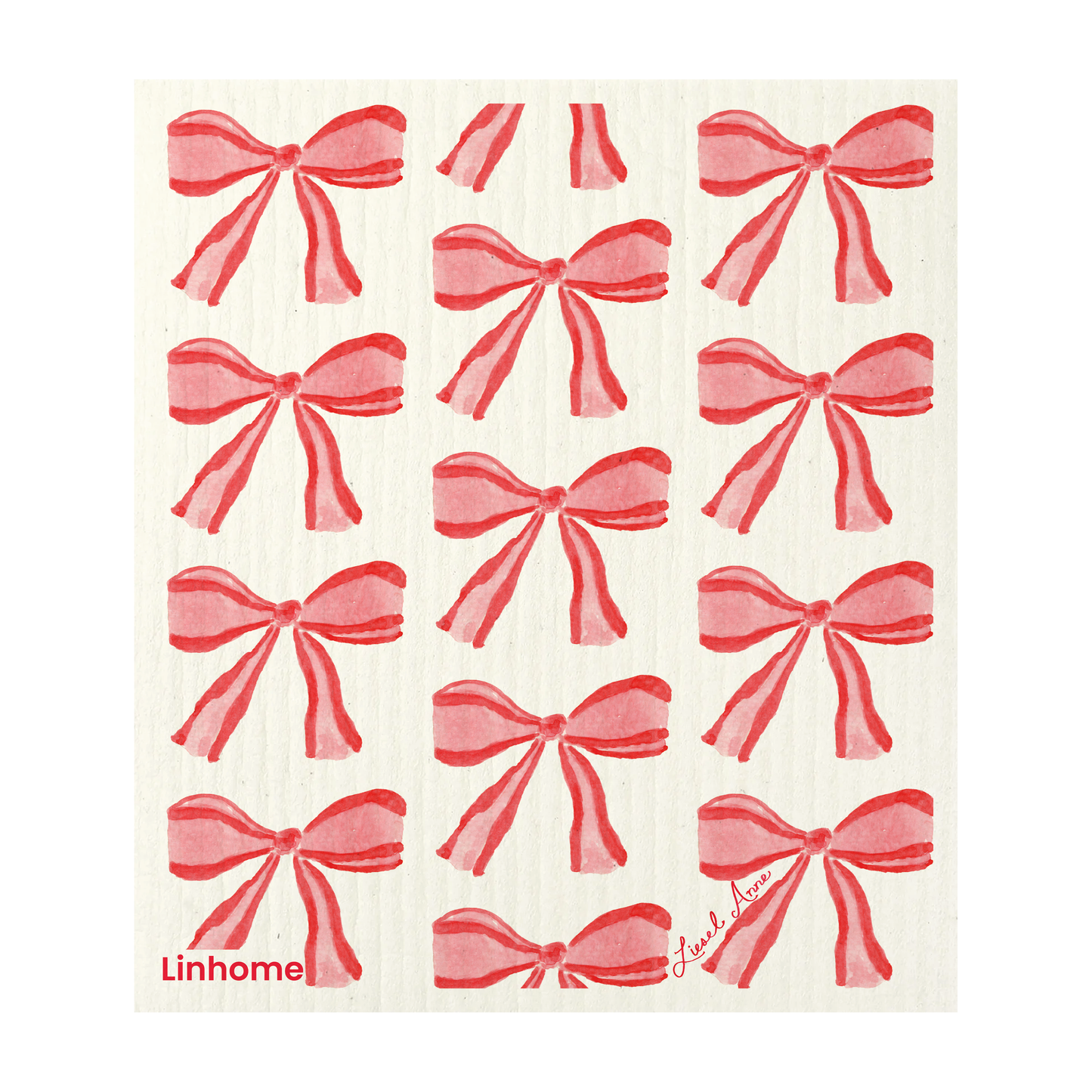 Evergreen Holiday Red Ribbons- Linhome x Liesel Anne Swedish Dishcloths - 1 Pack