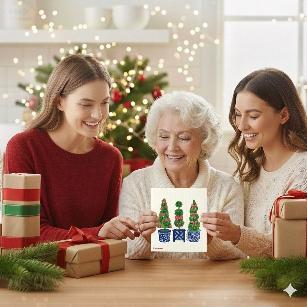 Evergreen Holiday Collection Festive Topiaries Trio- Linhome x Liesel Anne Swedish Dishcloths - 1 Pack