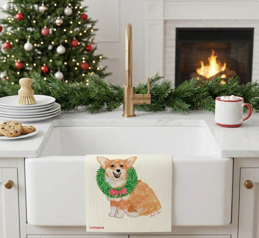 Holiday Paws Collection Festive Corgi - Linhome x Liesel Anne Swedish Dishcloths - 1 Pack
