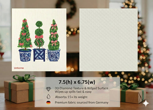 Evergreen Holiday Collection Festive Topiaries Trio- Linhome x Liesel Anne Swedish Dishcloths - 1 Pack
