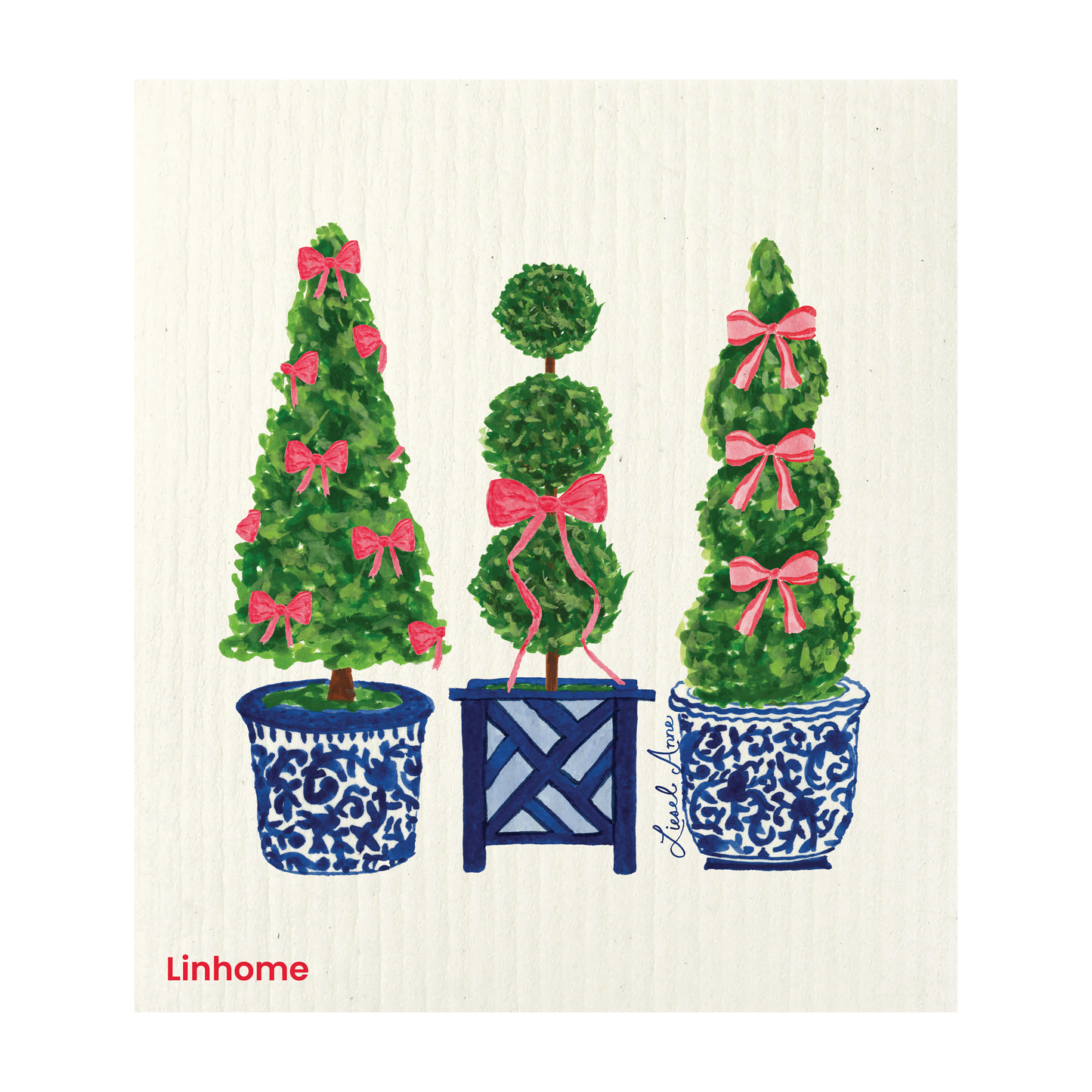 Evergreen Holiday Collection Festive Topiary Trio- Linhome x Liesel Anne Swedish Dishcloths - 1 Pack