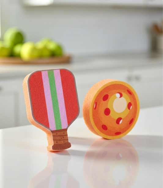 Pickleball Paddle & Ball Kitchen Sponge Set - 2 Pack -Red Paddle & Orange Ball