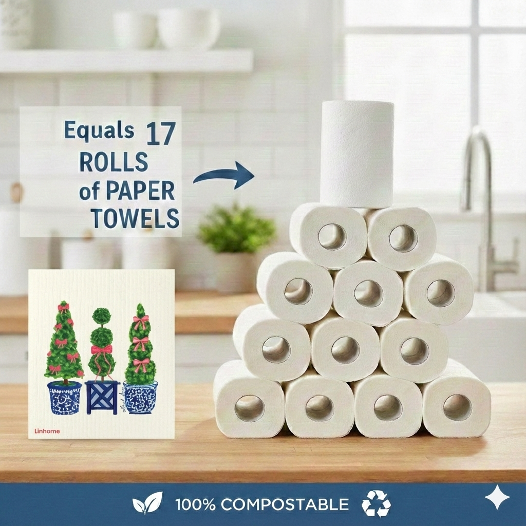 Evergreen Holiday Collection Festive Topiaries Trio- Linhome x Liesel Anne Swedish Dishcloths - 1 Pack