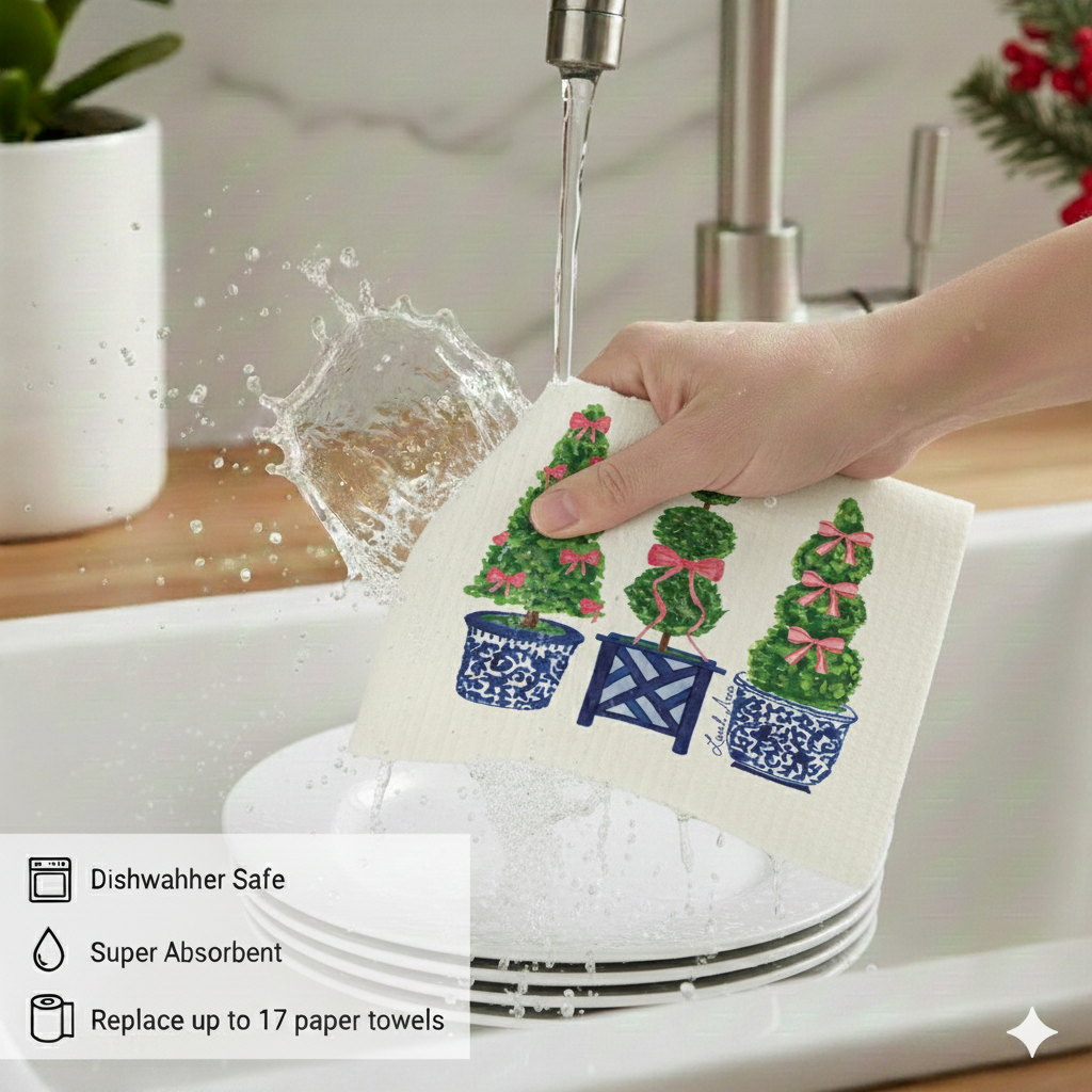 Evergreen Holiday Collection Festive Topiaries Trio- Linhome x Liesel Anne Swedish Dishcloths - 1 Pack