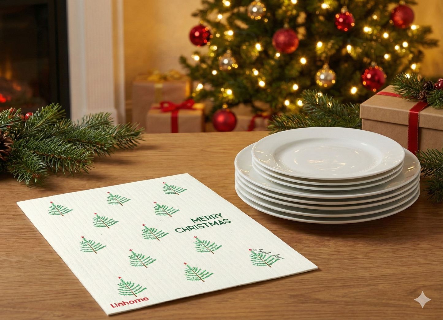 Evergreen Holiday Winter Evergreens- Linhome x Liesel Anne Swedish Dishcloths - 1 Pack