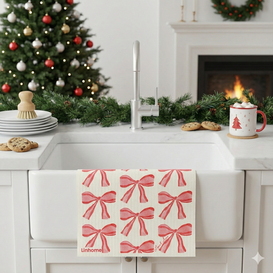 Evergreen Holiday Red Ribbons- Linhome x Liesel Anne Swedish Dishcloths - 1 Pack
