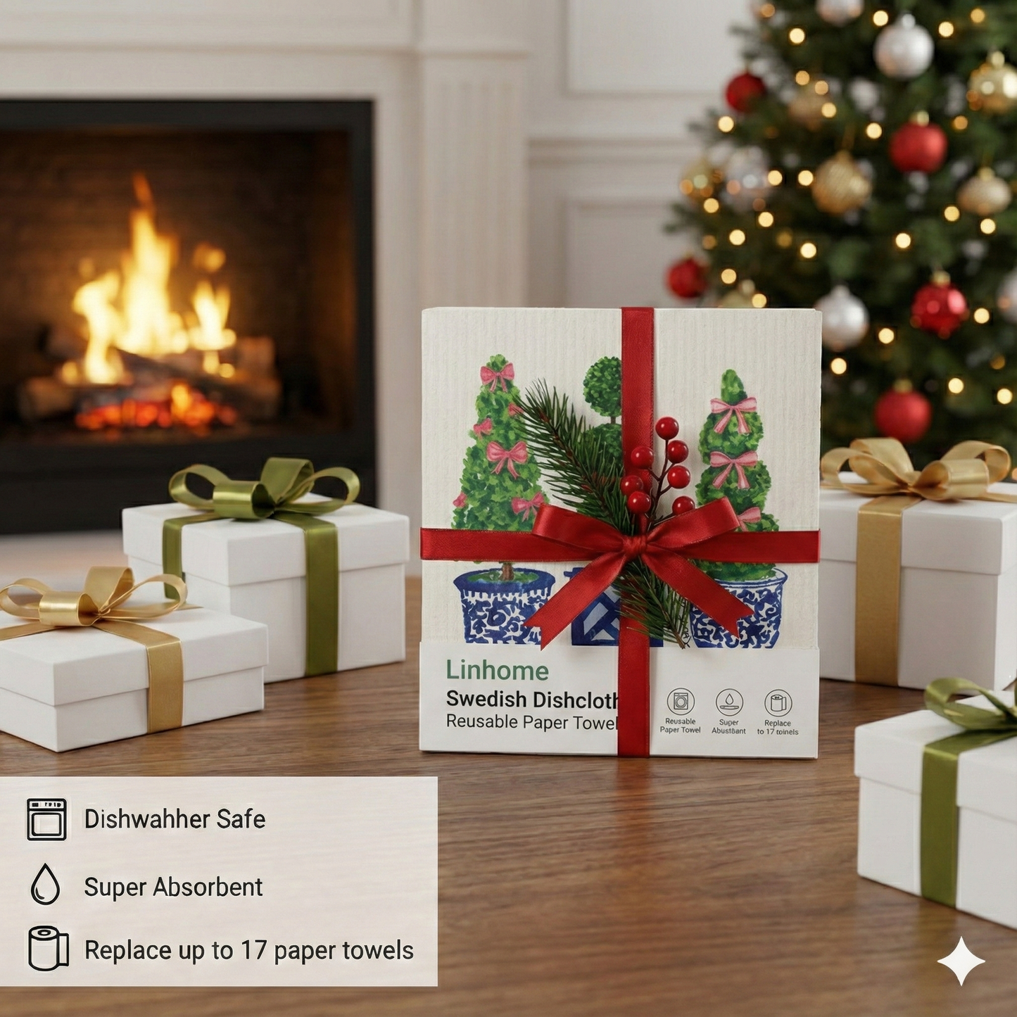 Evergreen Holiday Collection Festive Topiaries Trio- Linhome x Liesel Anne Swedish Dishcloths - 1 Pack